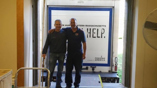 Weymouth's Warehouse Manager, Harvey, with their regular GBFB driver, Jim. Jim's been delivering to them for many years.