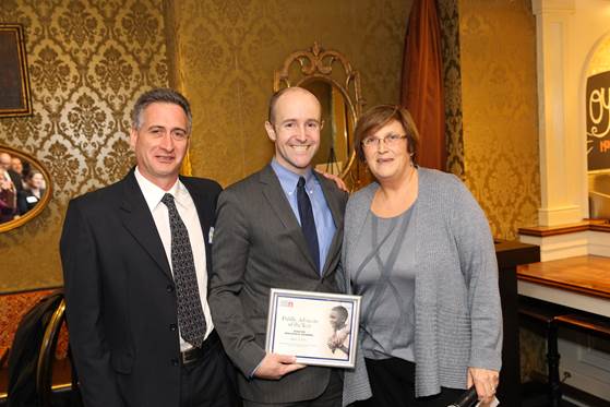 Food Bank of Western Massachusetts Executive Director Andrew Morehouse and GBFB CEO Catherine D'Amato congratulate Senator Benjamin Downing (center) on being one of our Advocates of the Year.