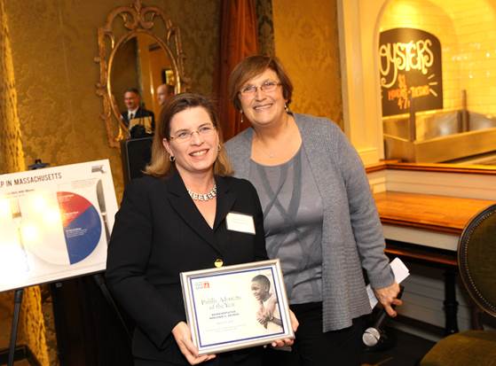 GBFB CEO Catherine D'Amato congratulates Rep. Marjorie Decker from Cambridge on being named our Advocate of the Year.