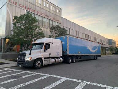 Amazon truck leaving GBFB's food distribution center