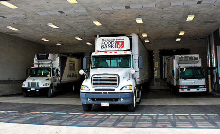 GBFB delivery trucks at a loading dock
