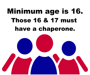 Minimum age is 16. Those 16 & 17 must have a chaperone.