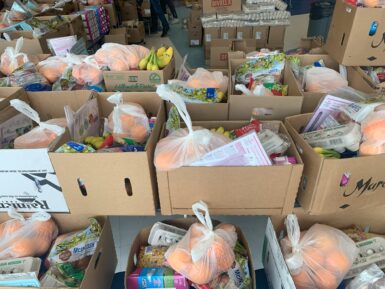 Photo of packed food boxes at a food distribution